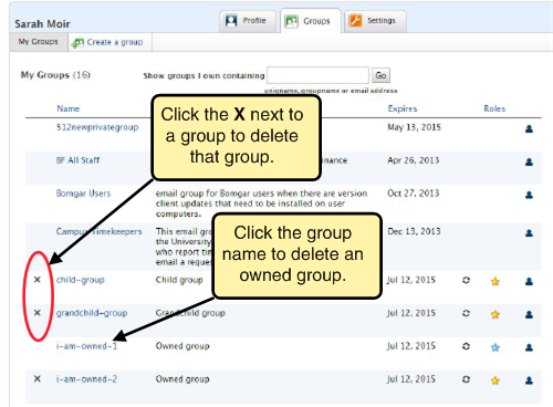 Screenshot of group list. Click the X next to a group to delete that group, and click the group name to go to the group profile to delete an owned group.