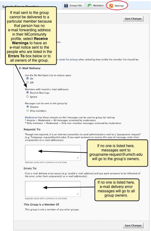 Screenshot of the settings for where errors and requests concerning the group are sent.