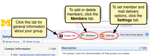 Screen shot of group tabs for making changes.