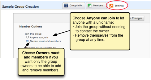 Screenshot of the options for adding and removing members. You can have only the owners do this or allows members to join and resign themselves.