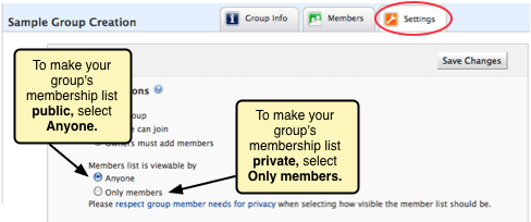 Screenshot of the public vs. private options for group member visibility.