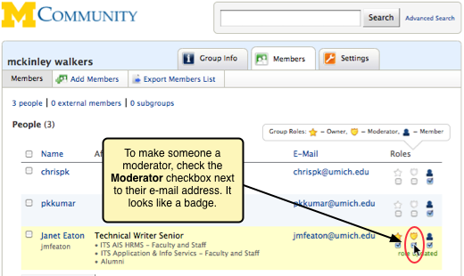 Screenshot of the Moderator checkbox next to a person's email address.