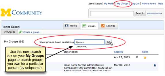 Screenshot of the new search box at the top of the My Groups page labeled 'Show groups I own containing.'