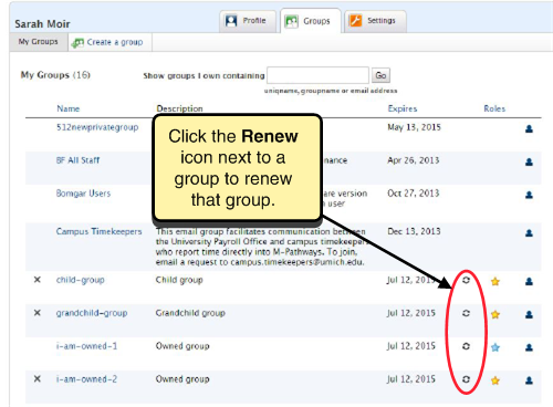 Screenshot of group list. Click the renew icon to the right of a group to renew that group.