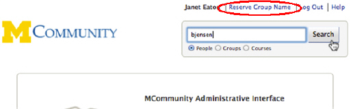 Screenshot of reserve group name link above search box