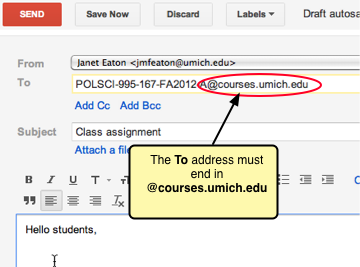 The To address must end in @courses.umich.edu.