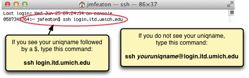 Screenshot of the $ prompt followed by the command: ssh login.itd.umich.edu
