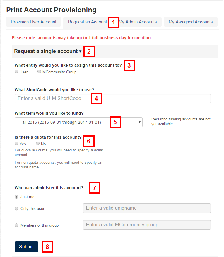 MPrint request account screen