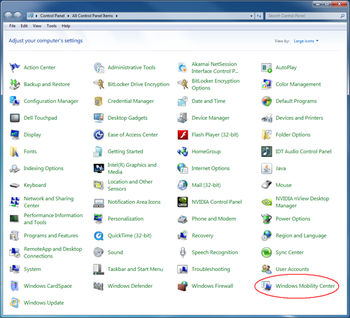Windows Mobility Center