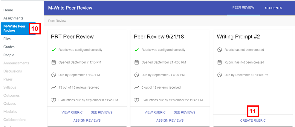 canvas - mwrite peer review tab with create rubric link
