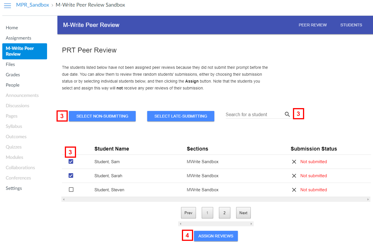 canvas - m-write peer review manual assignment page