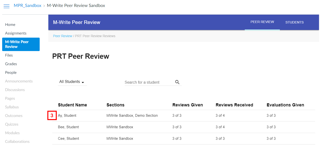 canvas - m-write assignment peer reviews page - list of students and reviews submitted