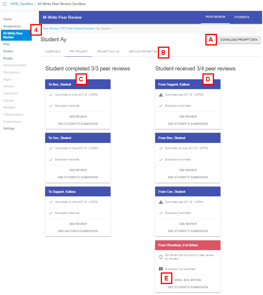 canvas - m-write student peer review page - list of reviews given and received