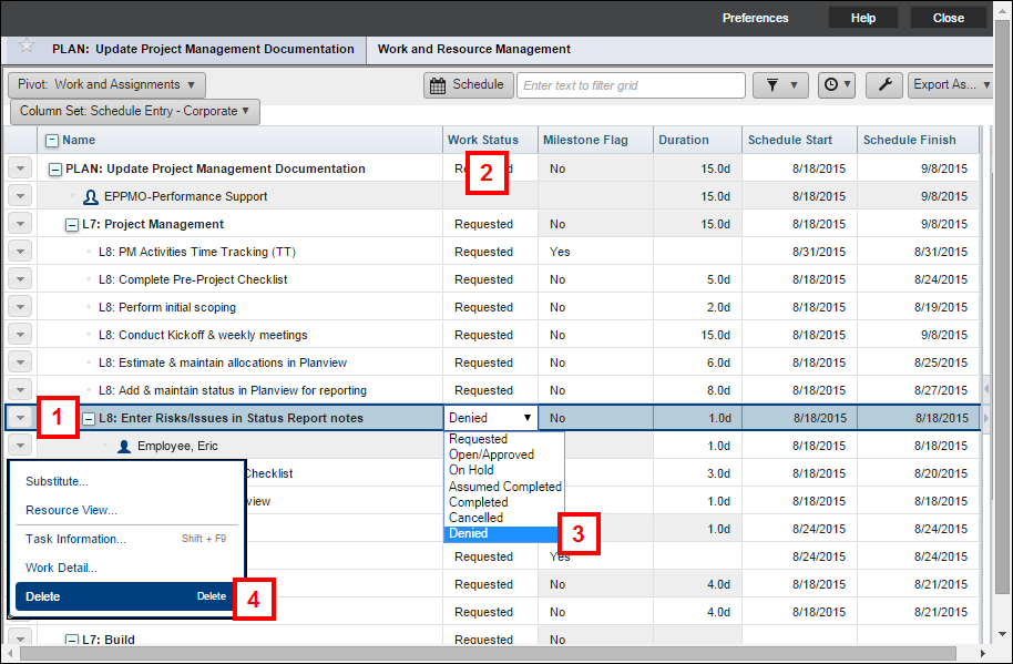 Work and Resource Management Window