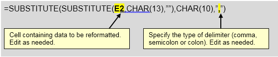 Cell containing data to be reformatted (E2) Edit as needed. Specify the type of delimiter (comma, semicolon or colon). Edit as needed.