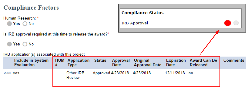 screenshot of Compliance Factors page in eRPM with a pending Compliance Status for IRB approvall