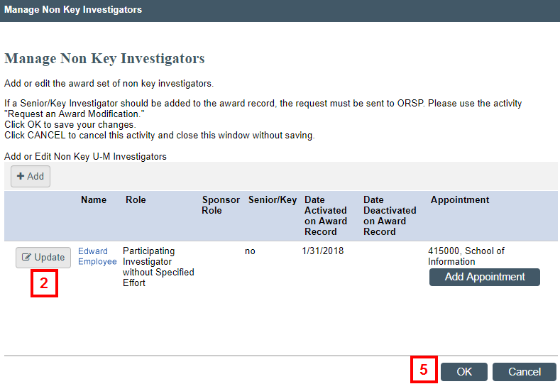 Manage Non Key Investigators screenshot indicating Update button