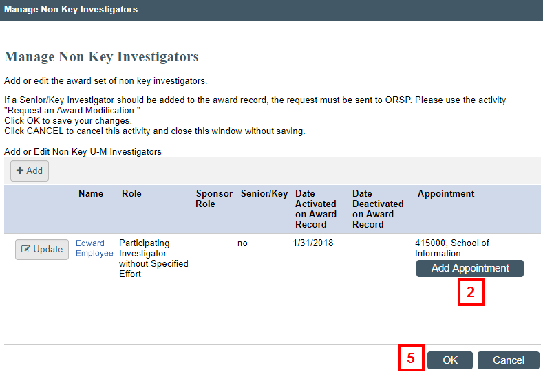 Manage Non Key Investigators screenshot indicating Appointment button