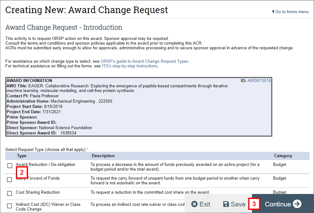 screenshot of Award Change Request form steps 2-3