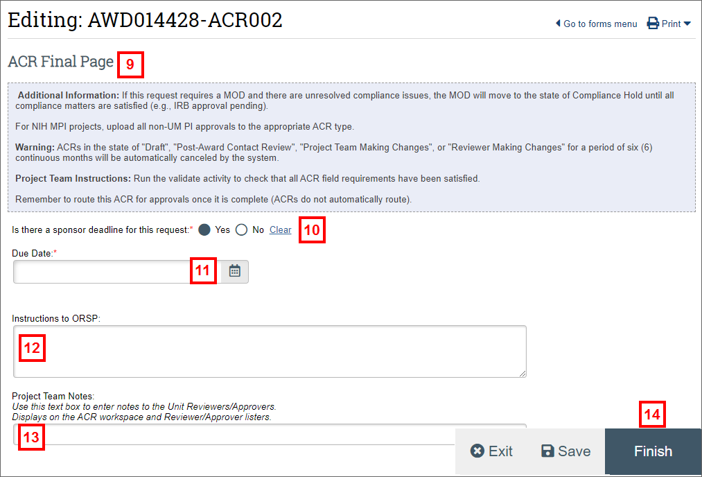 screenshot of Award Change Request form steps 9-14
