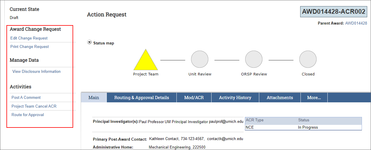 screenshot of Award Change Request workspace highlighting Activities on the left side