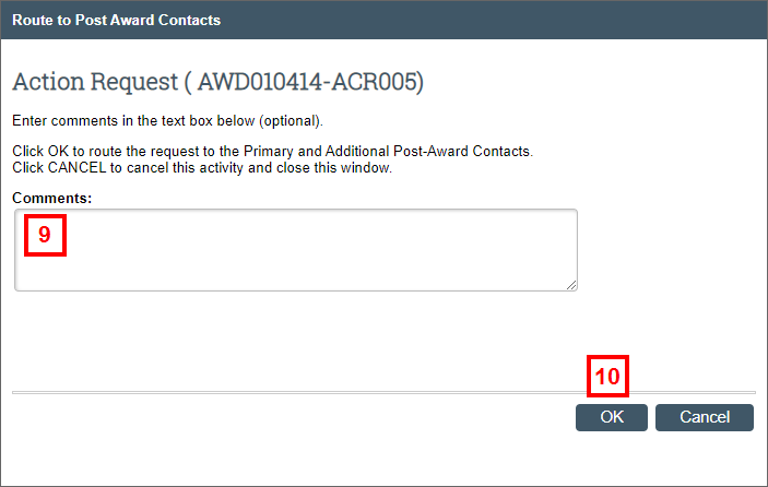 Route to Post Award Contacts window screenshot in eRPM, steps 9-10