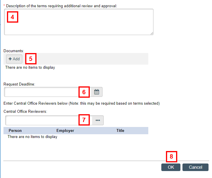 Create Agreement Acceptance Request screen continued, steps 4-8