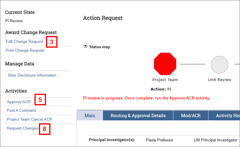 Award Change Request workspace screenshot in eRPM, steps 3-5
