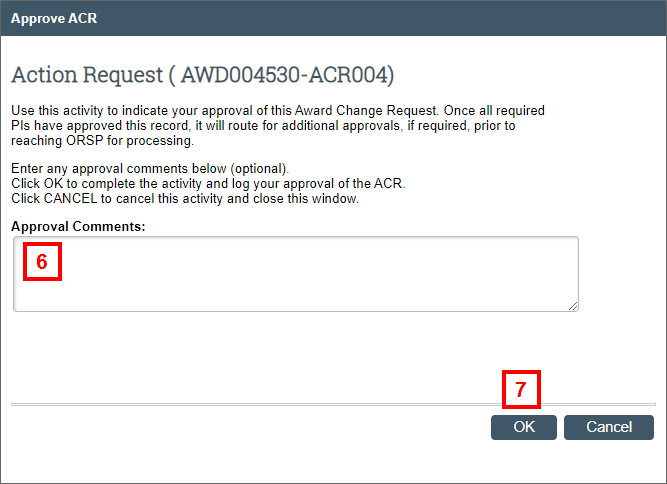 Approve ACR Action Request window screenshot in eRPM, steps 6-7
