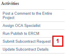 screenshot of Subcontract workspace Activities menu step 1
