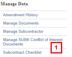 screenshot of Subcontract Workspace Manage Data menu step 2