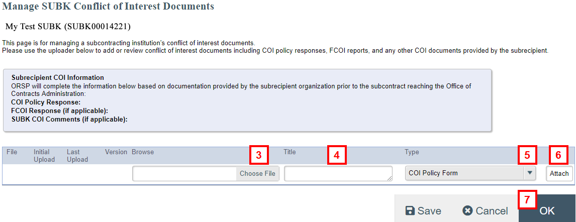 screenshot of Manage SUBK Conflict of Interest Documents steps 3-7