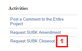 screenshot of Subcontract workspace Activities menu step 1