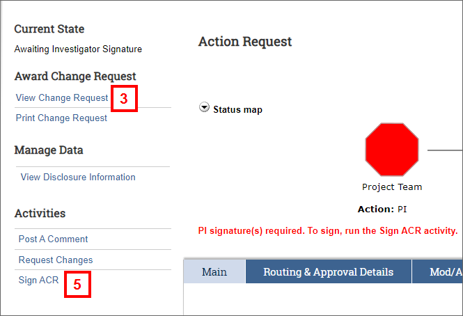 Award Change Request workspace screenshot in eRPM, steps 3-5