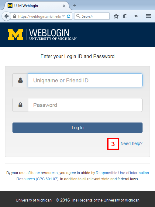 University of Michigan Weblogin screenshot with the Need help? link
