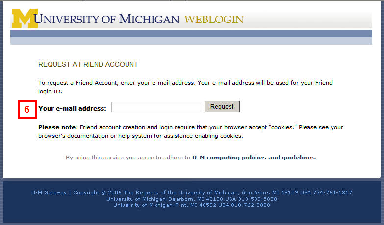 University of Michigan Weblogin Request a Friend Account screenshot