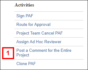 screenshot of Activities menu on PAF workspace step 1