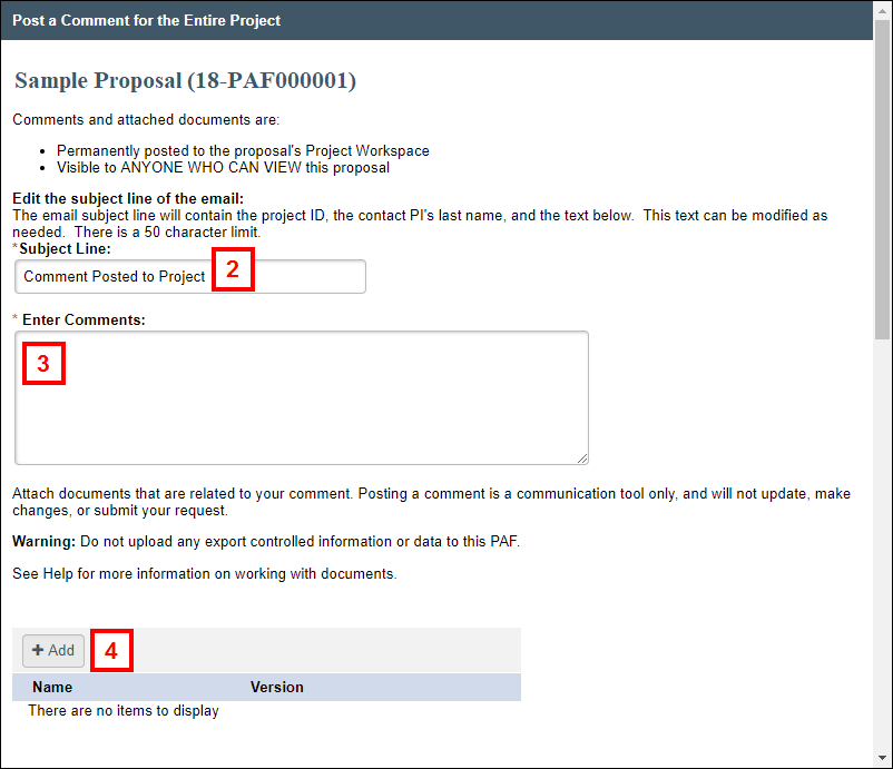 screenshot of Post a Comment for the Entire Project activity window steps 2-4