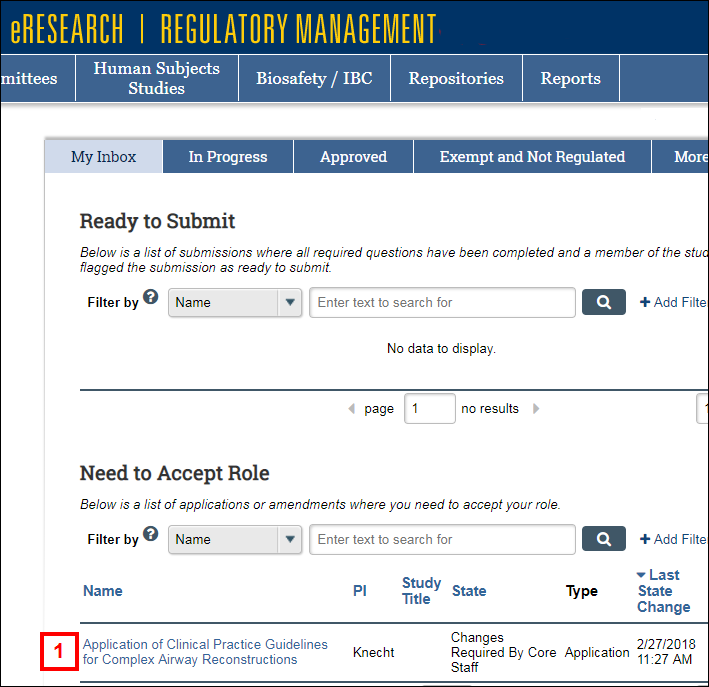 eResearch Regulatory Management system My Inbox Need to Accept Role section step 1