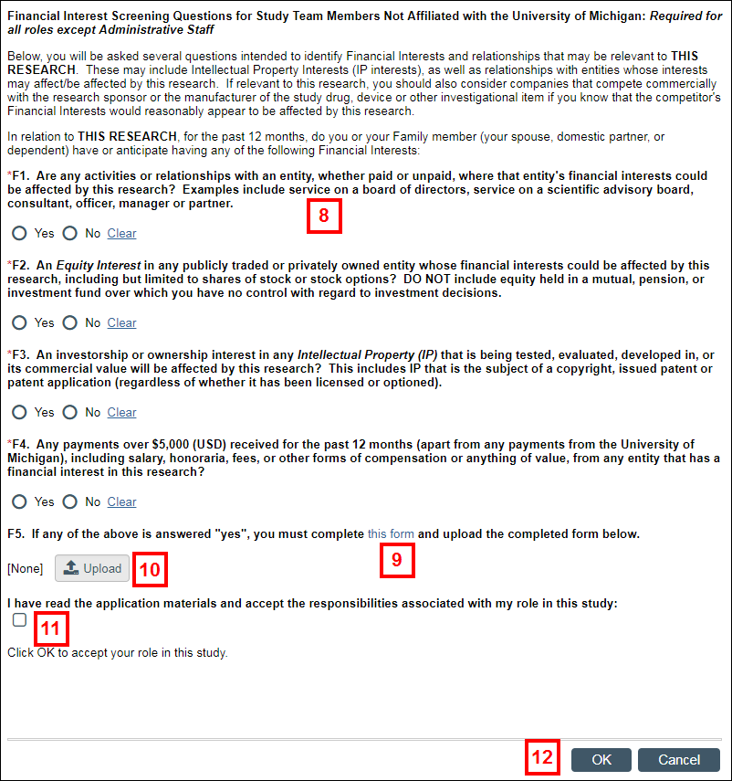 Financial Interest Screening Questions page steps 8-12