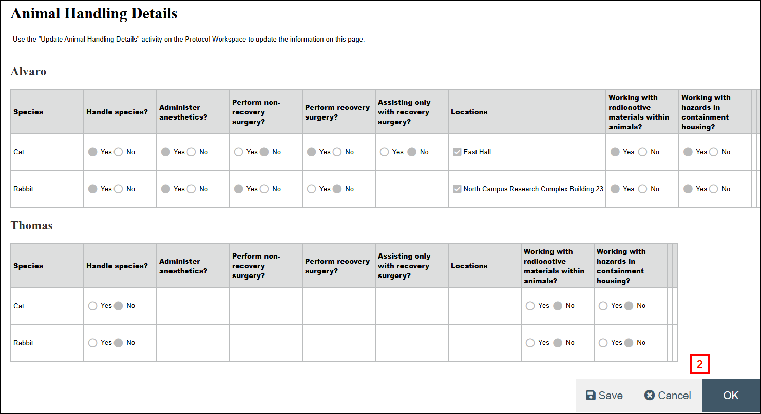Viewing an Animal Handling Details sample