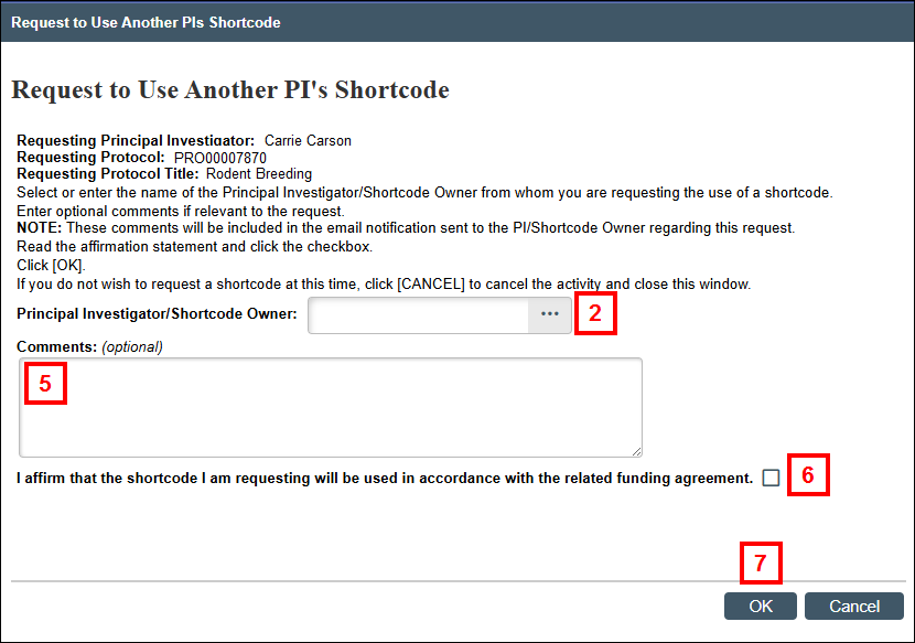 Request to Use Another PI's Shortcode screen