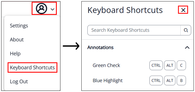 screenshots of the Keyboard Shortcuts link and display.