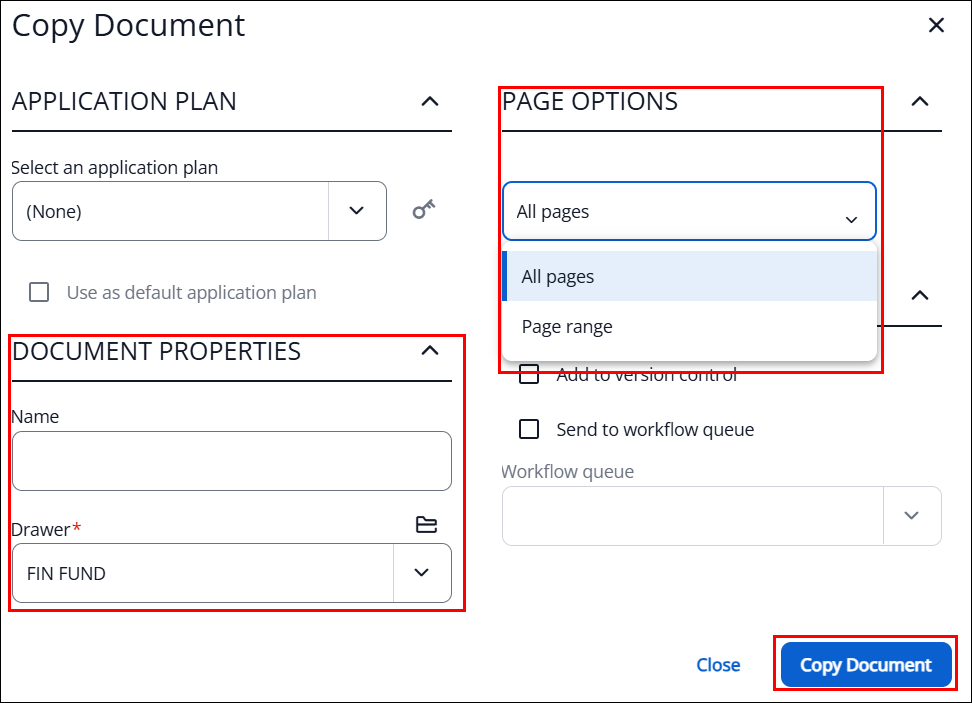 the copy document box showing page options and document properties.