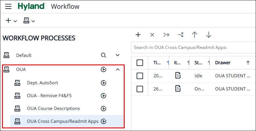 screenshot of the workflow processes column with a queue selected.