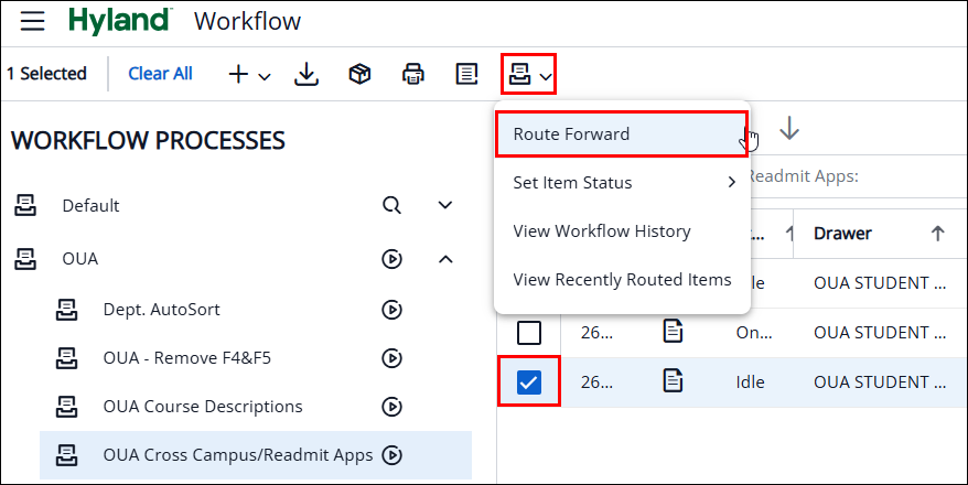 screenshot of the route forward dropdown.