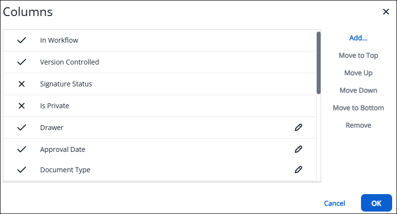 screenshot of columns dialog box