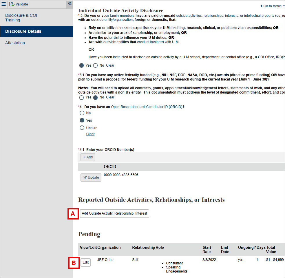 Disclosure Details page showing sections A and B