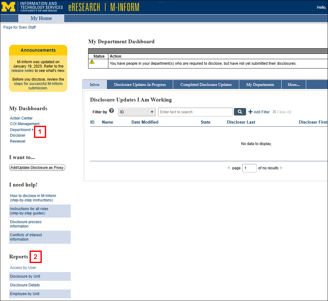 Department dashboard displaying steps 1-2