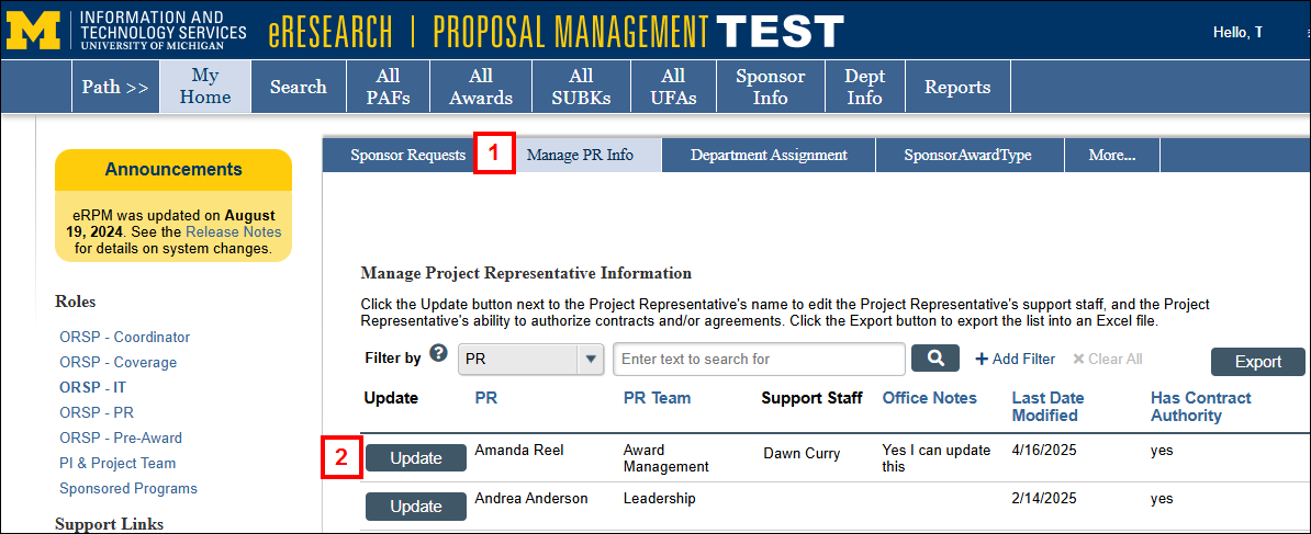 Manage PR Info tab displaying steps 1-2